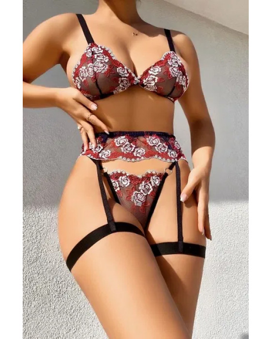 Bacak Bantlı Çiçek Desenli Fantazi Sütyen Külot Takım NightLight 3448